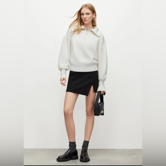 AllSaints Viola Zip Collar Wool Ribbed Puff Sleeve Sweater - Picture 2 of 9